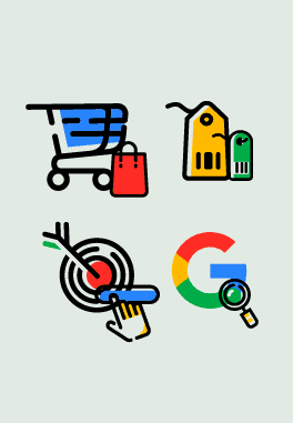 Google Shopping Best Practices with the icons of price label, google logo, and shopping bag.