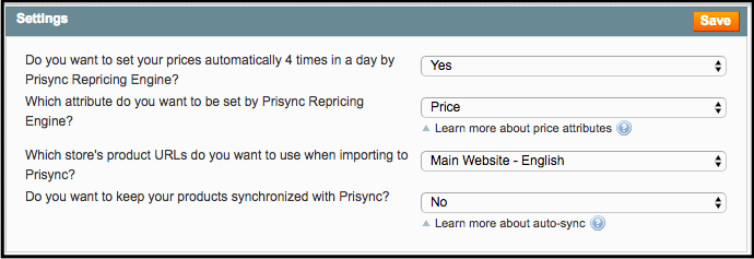 Prisync Settings Magento